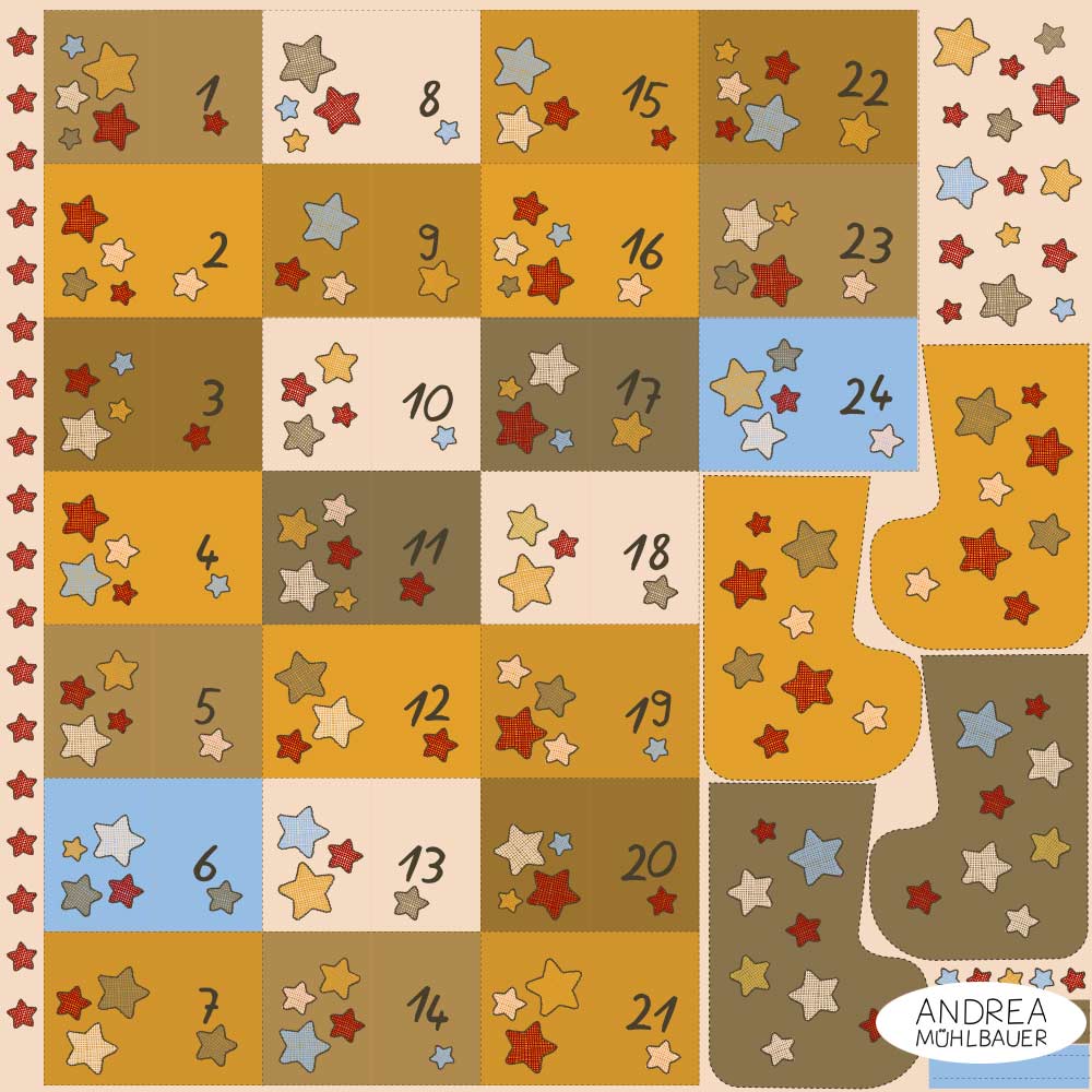 Adventskalender Panel - Säckchen und Stiefel mit Sternen