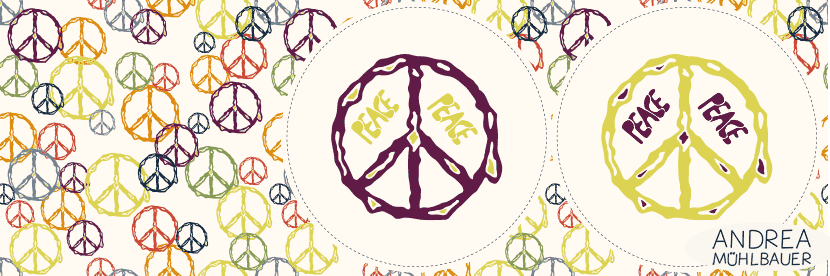 peace kissen panel lila gelb