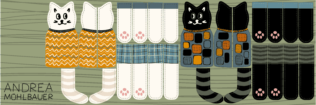 Katzenpuppe Cut and Sew Panel schwarz-weiß
