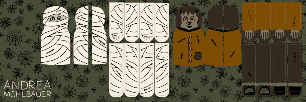 Halloween Monster Puppen Cut and Sew Panel - Mumie und Werwolf