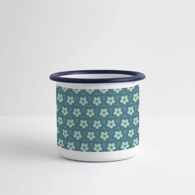 70s Retro Flowers blau Emaille Tasse